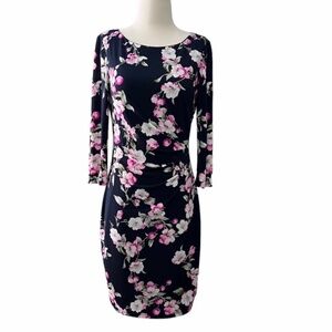 Eliza J Navy and Pink Floral Print Sheath Dress